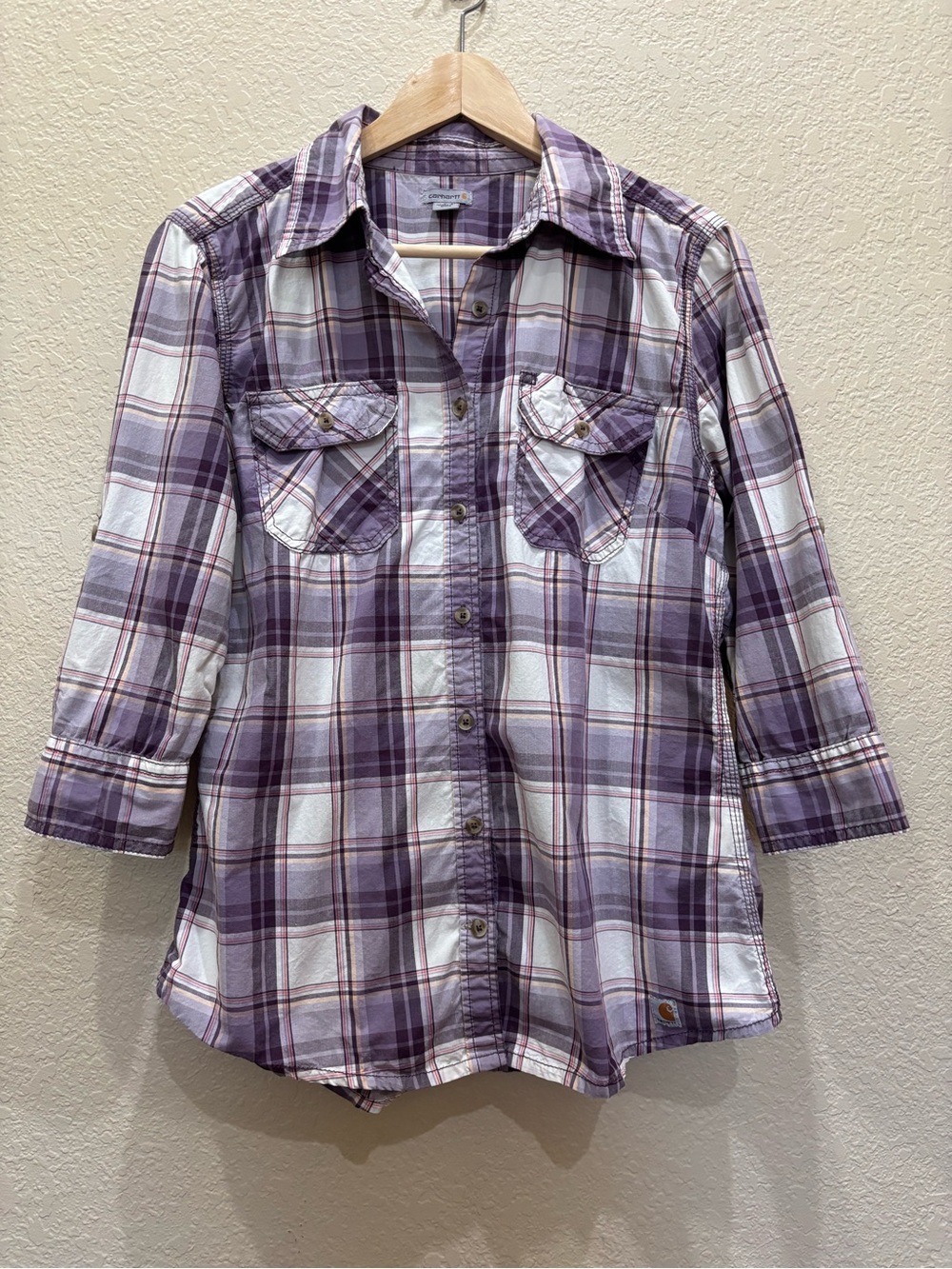 Carhartt Purple Plaid Button Up Shirt 3/4 Roll Tab Sleeve Workwear Gorpcore M